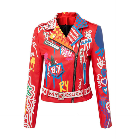 Slim Long Sleeve Graffiti Belt Leather Jacket For Women