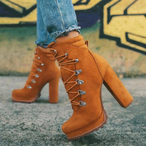 Round Toe Lace UP High Heels Boots Mid Calf Shoes