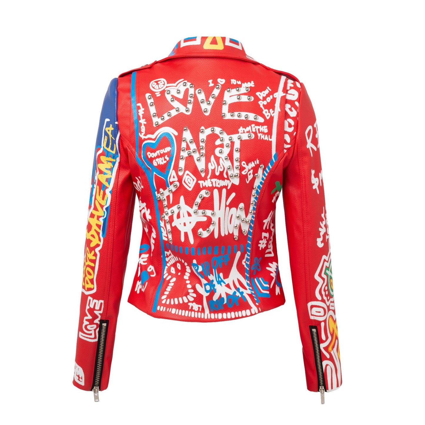 Slim Long Sleeve Graffiti Belt Leather Jacket For Women