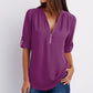 Zip V-neck Shirts Women Short Sleeve Loose Tops