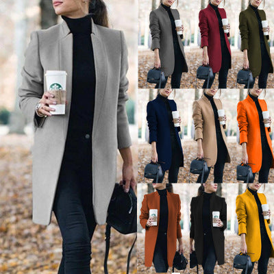 Fashion Solid Color Stand-Up Collar Woolen Blazer