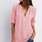 Zip V-neck Shirts Women Short Sleeve Loose Tops