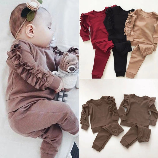 Newborn Ruffles Jumper Solid Long Sleeve Sweatshirt Set