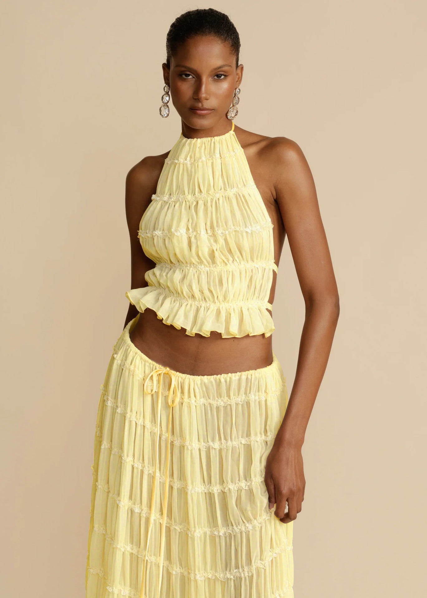 Sexy Sleeveless Backless Cropped Halter Top And Pleated Long Dress