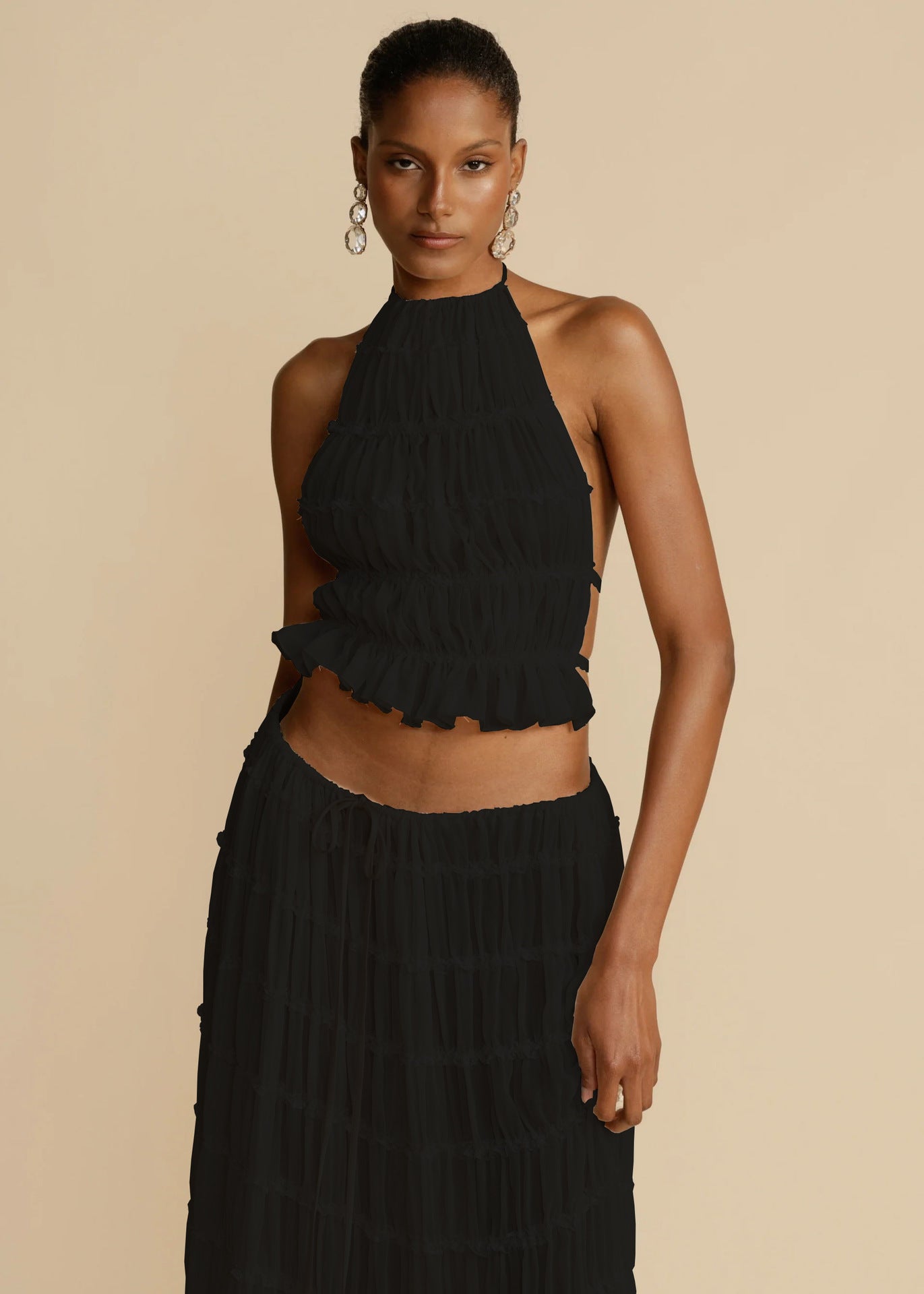 Sexy Sleeveless Backless Cropped Halter Top And Pleated Long Dress