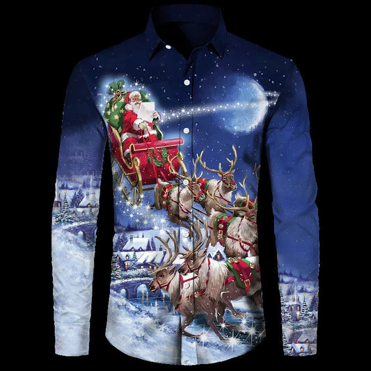 Festival Santa Claus Digital 3D Printing Men's Loose Plus Size Button Business Top Shirt