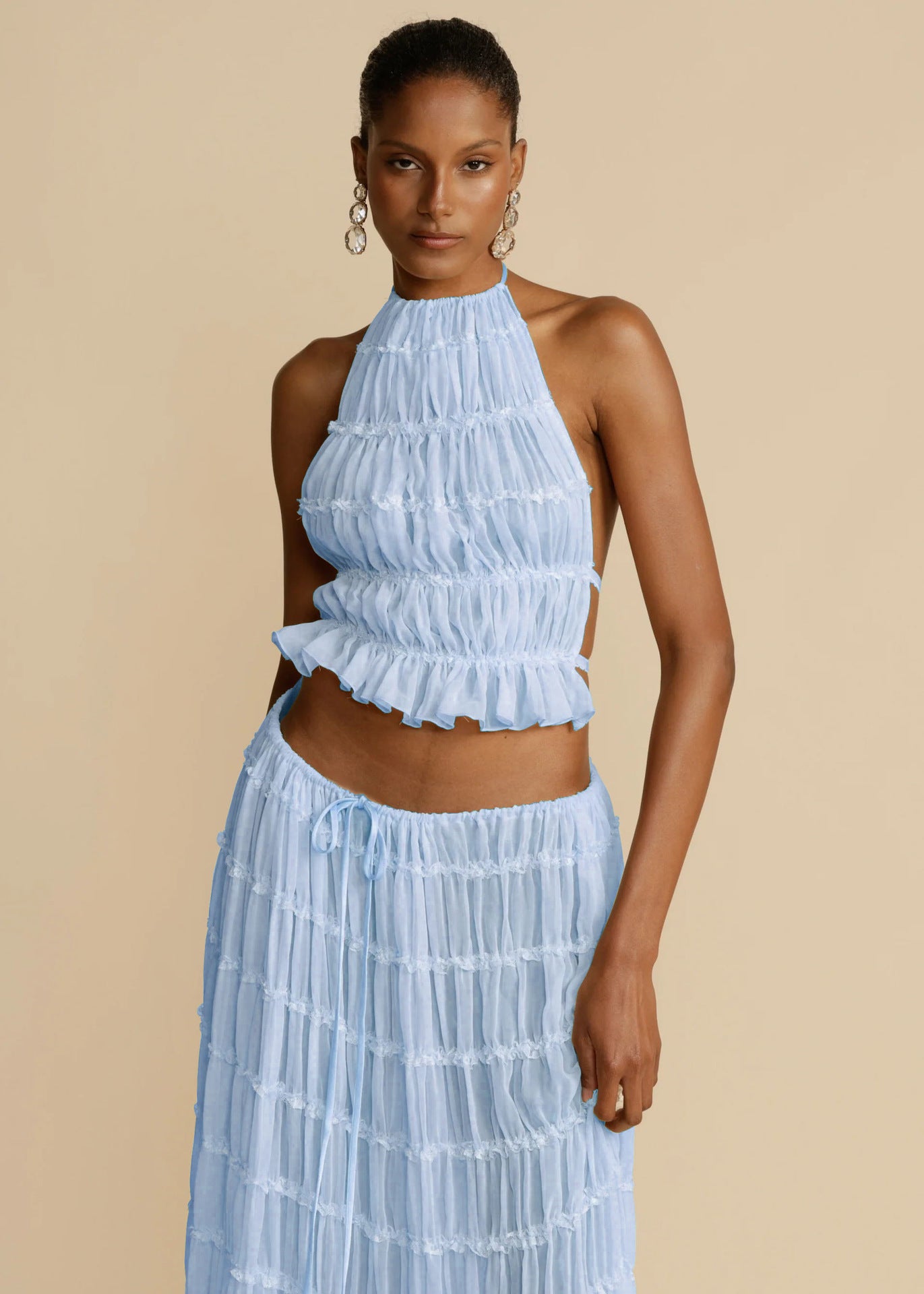 Sexy Sleeveless Backless Cropped Halter Top And Pleated Long Dress