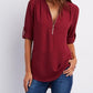 Zip V-neck Shirts Women Short Sleeve Loose Tops