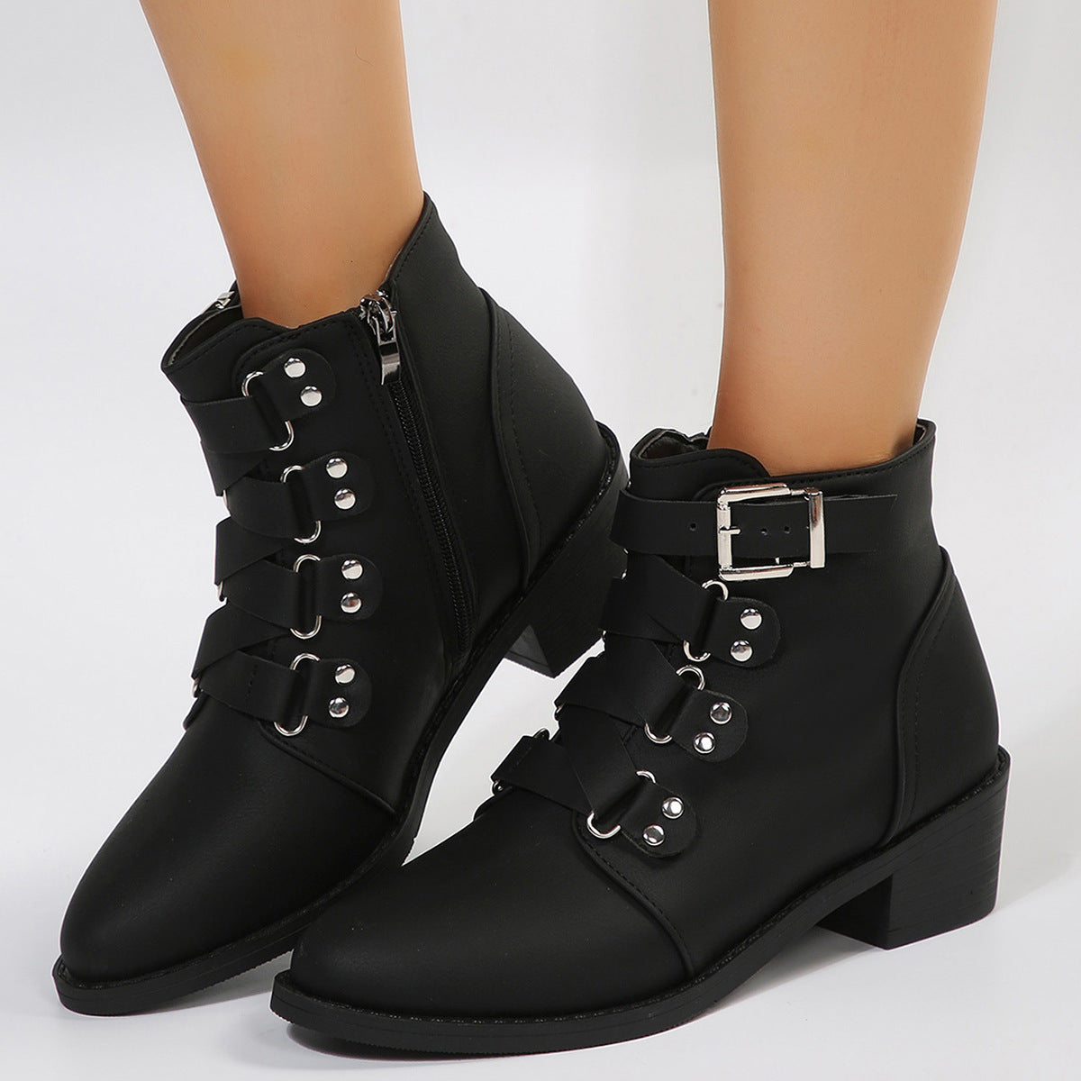 Women Ankle Boots With Side Zipper And Belt Buckle