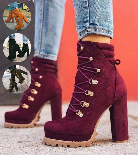 Round Toe Lace UP High Heels Boots Mid Calf Shoes