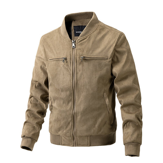 Suede Stand Collar Men's Jacket Double Zipper Pocket Clothing Mens