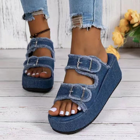 Fashion Denim Buckle Wedges Sandals For Women