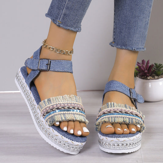 Fashion Tassel Denim Sandals With Thick-sole