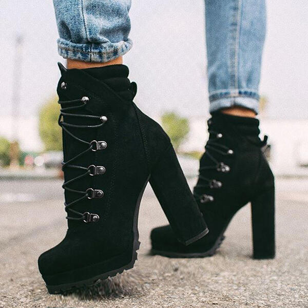 Round Toe Lace UP High Heels Boots Mid Calf Shoes