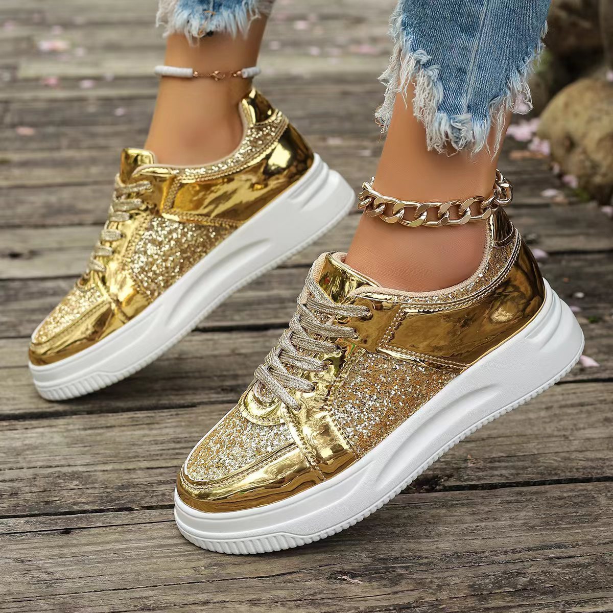 Sequin Design Casual Sports Thick Bottom Round Toe Shoes For Women