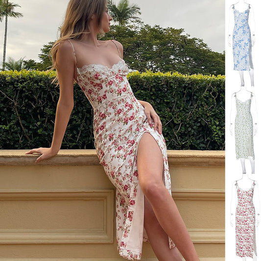 Lace Flowers Print Long Sexy Fashion Dress