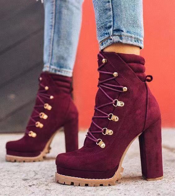 Round Toe Lace UP High Heels Boots Mid Calf Shoes