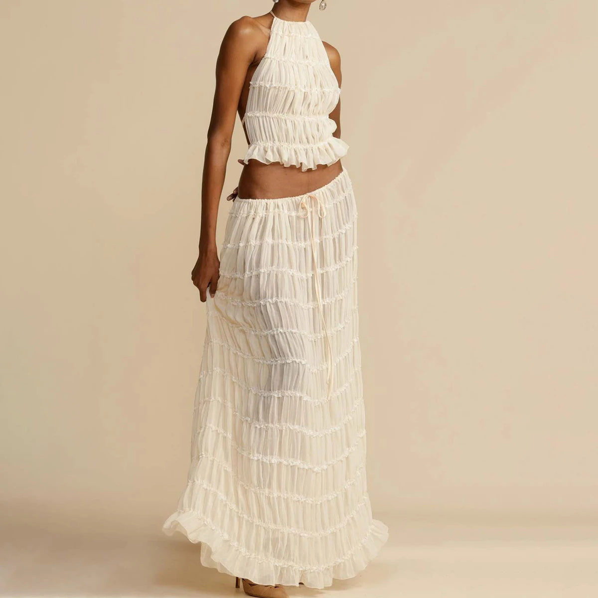 Sexy Sleeveless Backless Cropped Halter Top And Pleated Long Dress