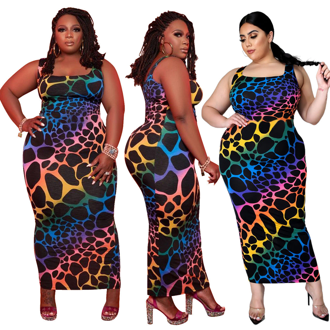 European And American Plus Size Color Leopard Print Womens Dress