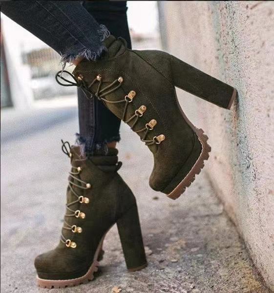 Round Toe Lace UP High Heels Boots Mid Calf Shoes