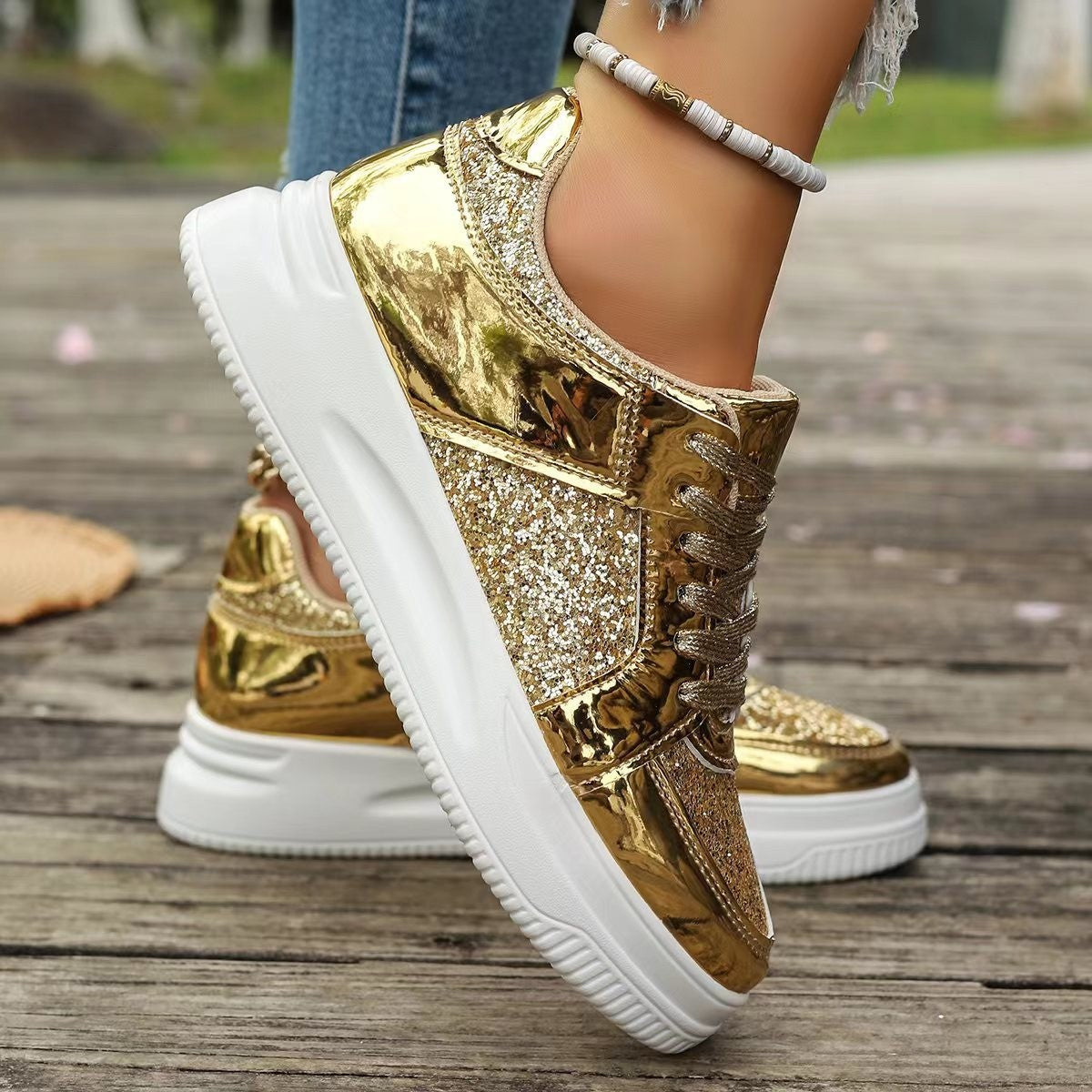 Sequin Design Casual Sports Thick Bottom Round Toe Shoes For Women