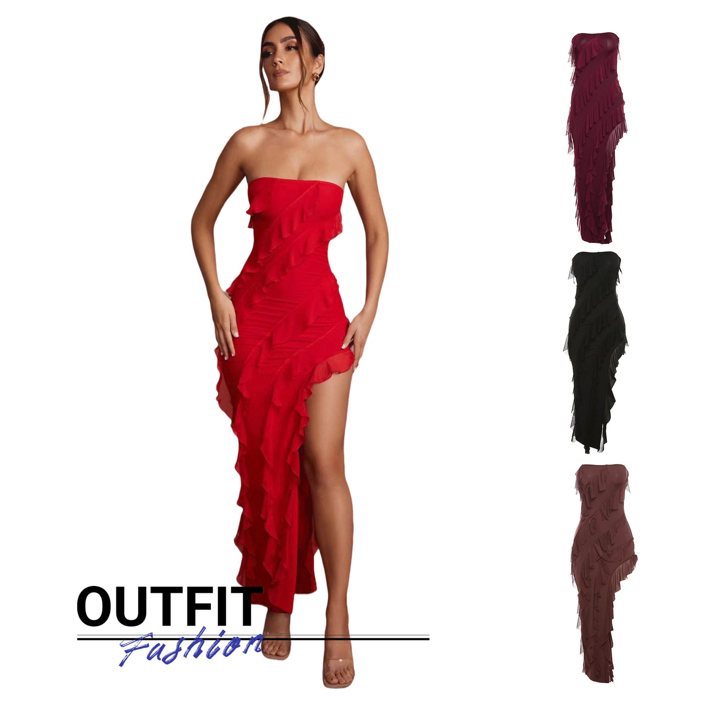 Skinny Women's Fashion Tube Top Backless Split Tassel Dress