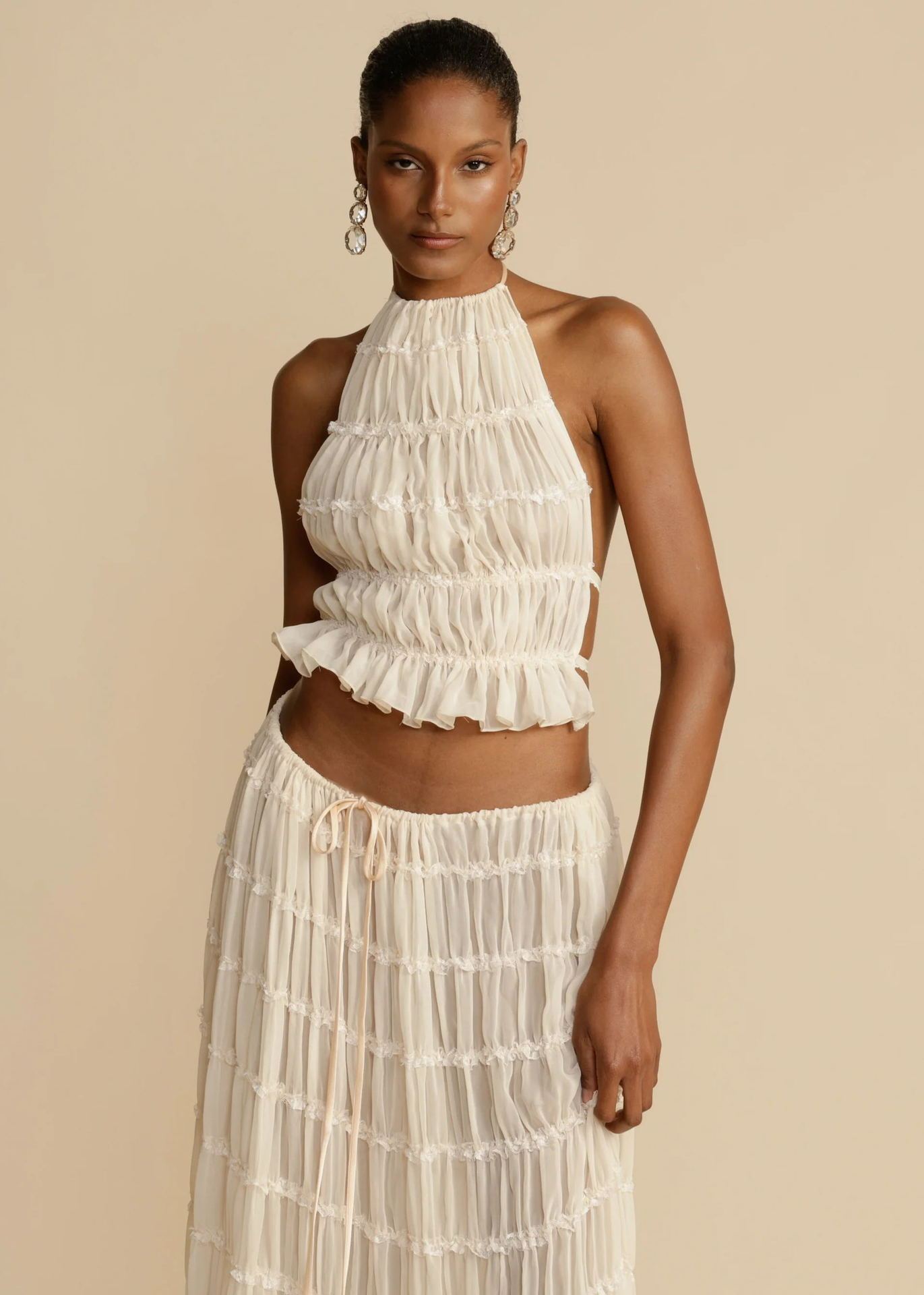 Sexy Sleeveless Backless Cropped Halter Top And Pleated Long Dress