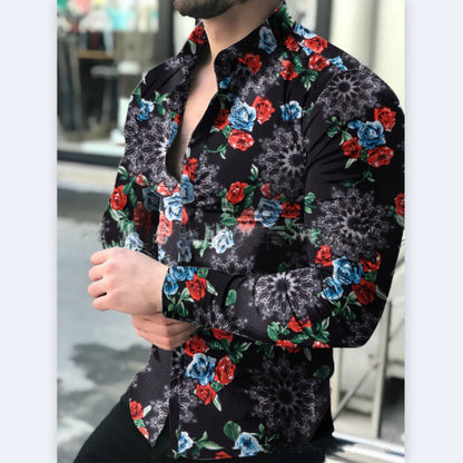 Men's Casual Long-sleeved Floral Shirt