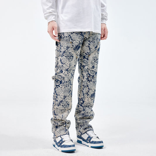 All-matching Loose Fashion Denim Jacquard Pants For Boys