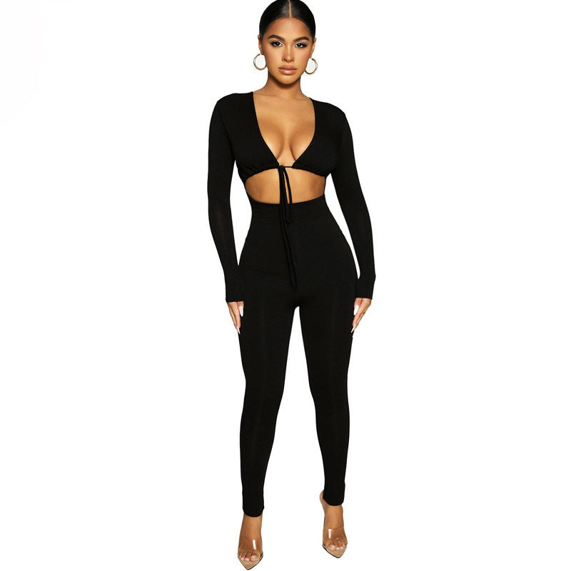 Sexy Lace-up Hollow Long-sleeved Skinny Jumpsuit