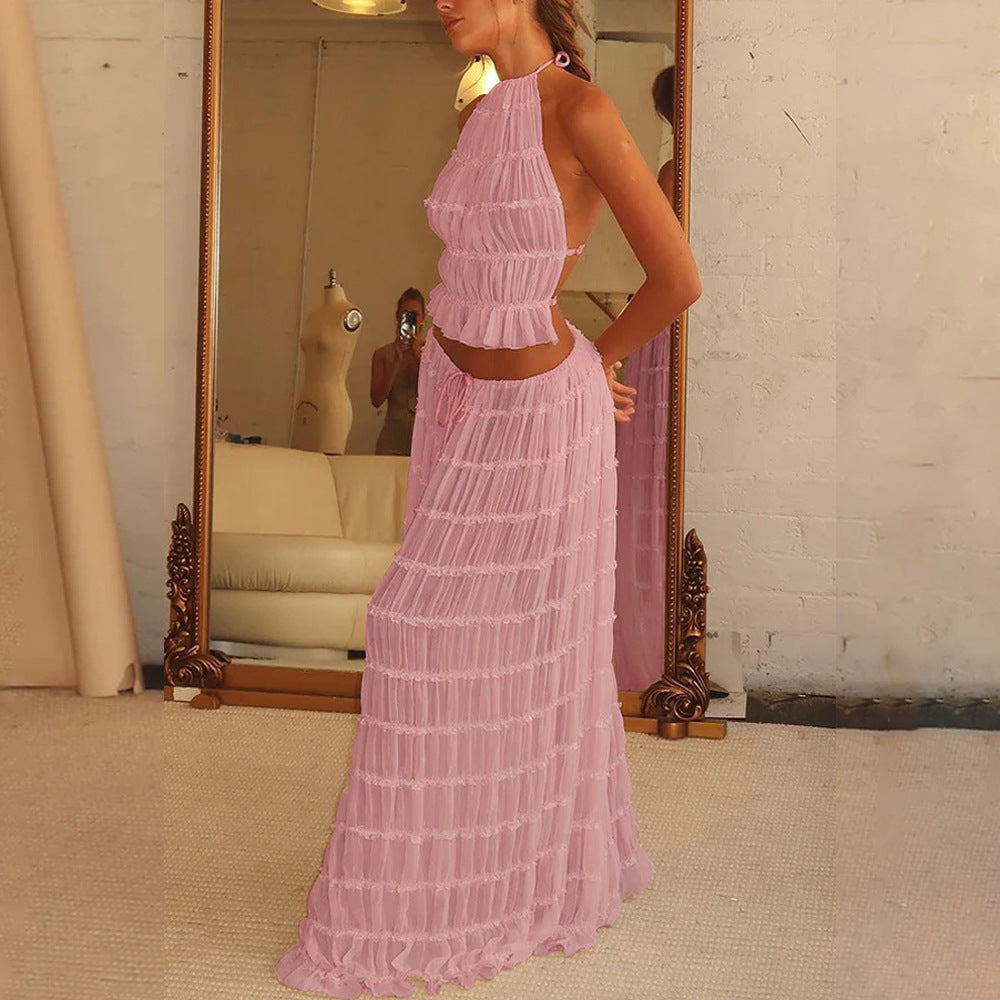 Sexy Sleeveless Backless Cropped Halter Top And Pleated Long Dress