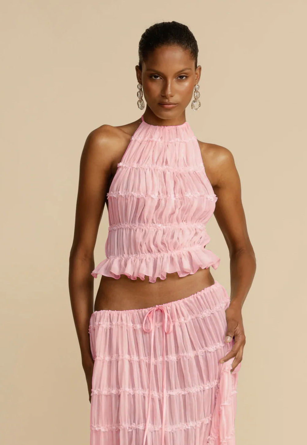 Sexy Sleeveless Backless Cropped Halter Top And Pleated Long Dress