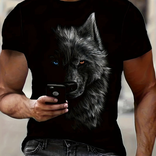 3D Digital Cool Wolf Contrast Color Eye Pattern Round Neck T-shirt Men